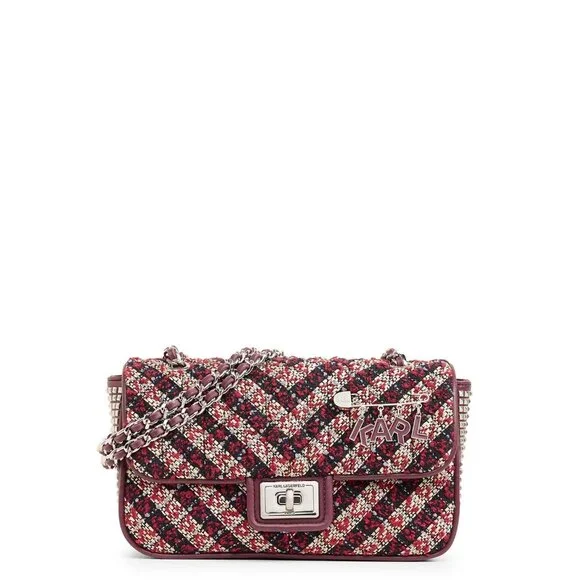 Karl Lagerfeld Agyness Tweed Crossbody Flap NWOT Convertible Wine Navy Luxury - Picture 12 of 16